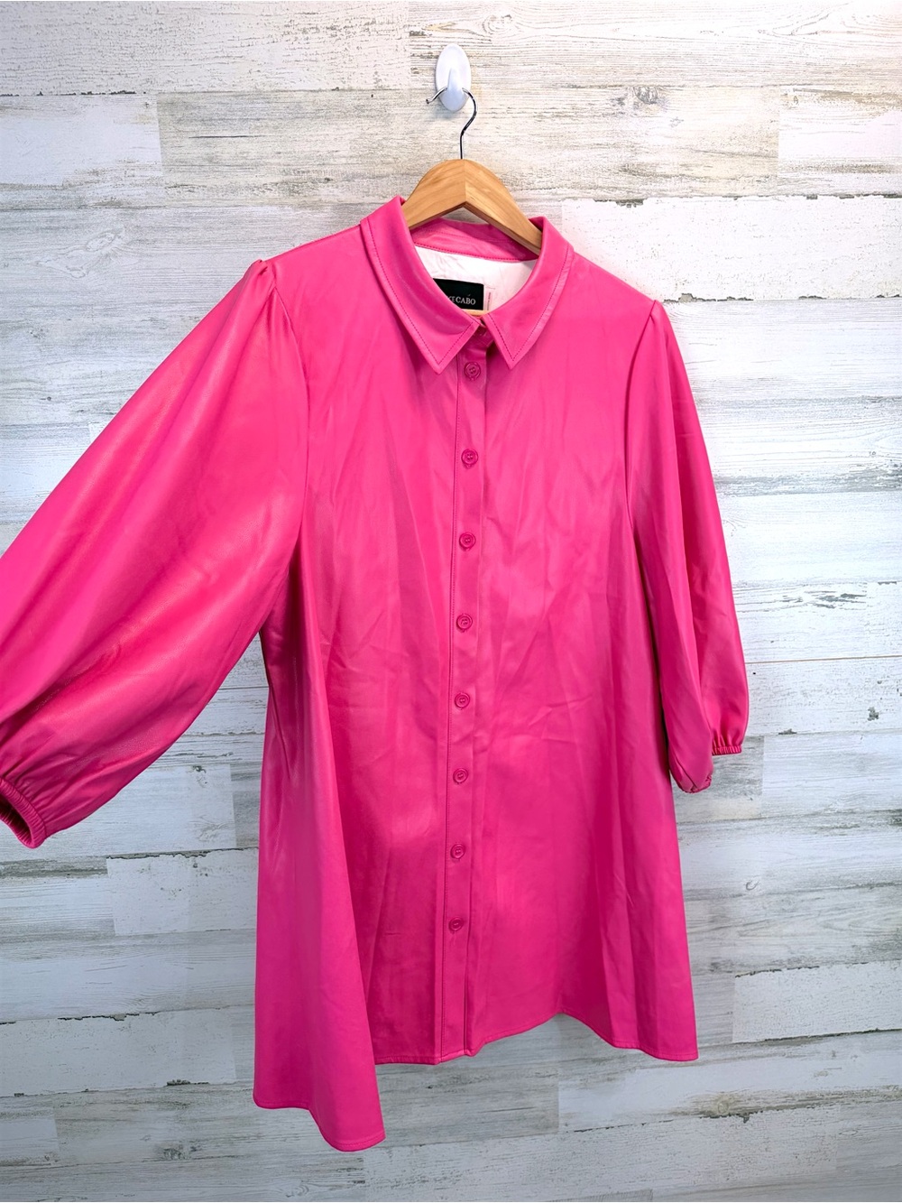 Dolce Cabo Pink Faux Leather Shirt Dress Puff Sleeve Mini XL - Picture 7 of 13
